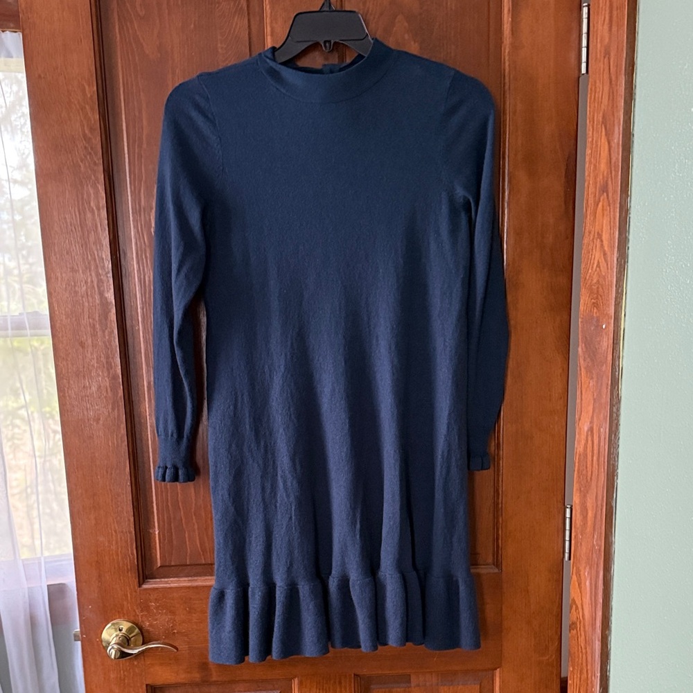 Navy Ruffle Hem Long Sleeve Sweater Dress by Loft